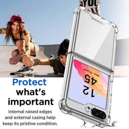 Samsung Z Flip clear acrylic and TPU shockproof case by OKEYWOW, showing the flip phone with protective cover and reinforced edges.
