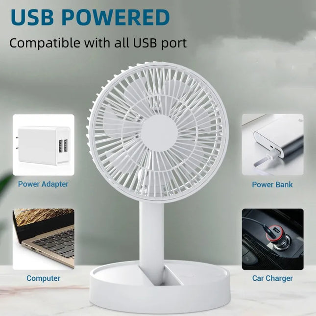 OkeyWOW USB foldable mini table fan with five speeds, rechargeable, indoor and outdoor cooling fan, shown in a compact, portable design