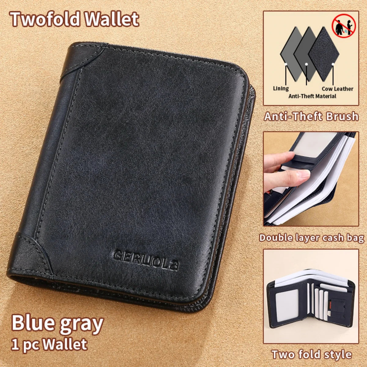 Mens bifold Wallet Genuine Leather RFID Card Holders Cowhide Zip Coin Pocket wallets for men