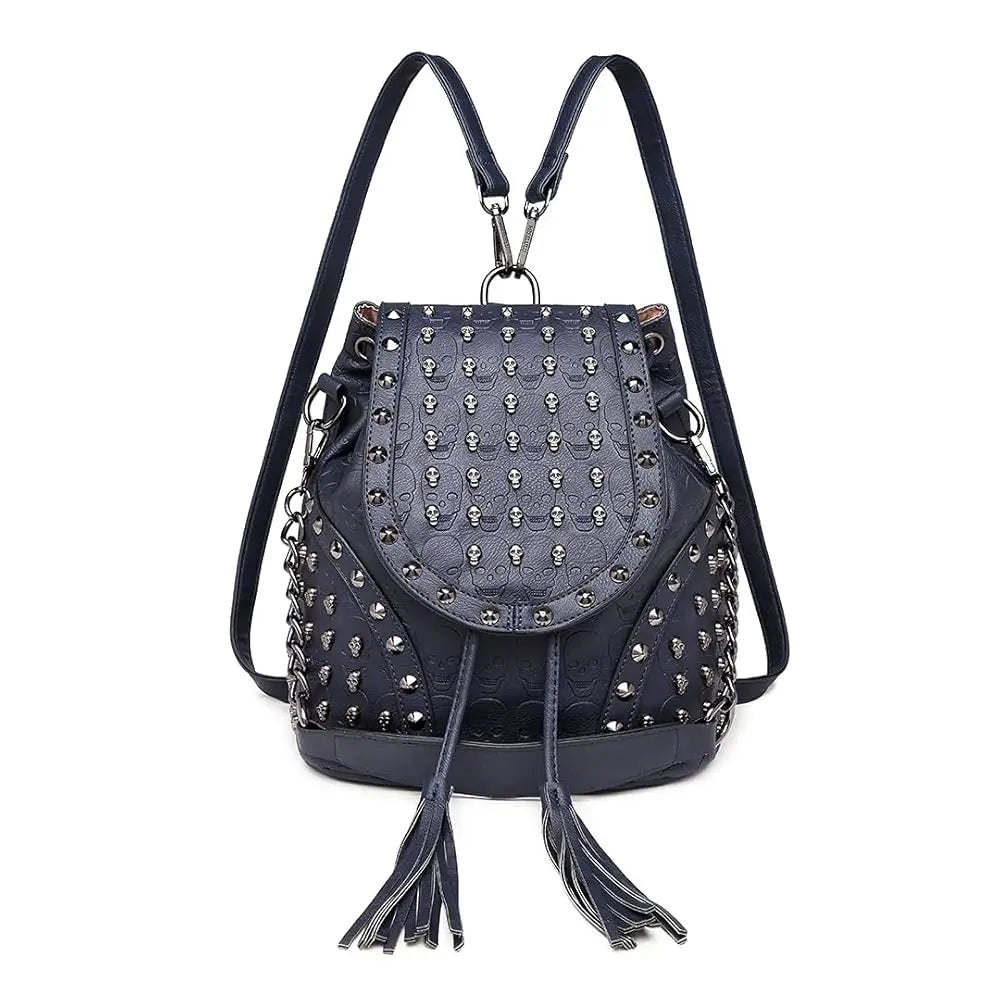 Miss Lulu Gothic Skull Backpack - Faux Leather Studded Shoulder Bag with Chains & Tassels for Women