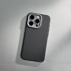 OKEYWOW iPhone 17/16/15 Pro Max Relief Carbon Fiber MagSafe case with metal lens protection and hard PC cover, black finish.
