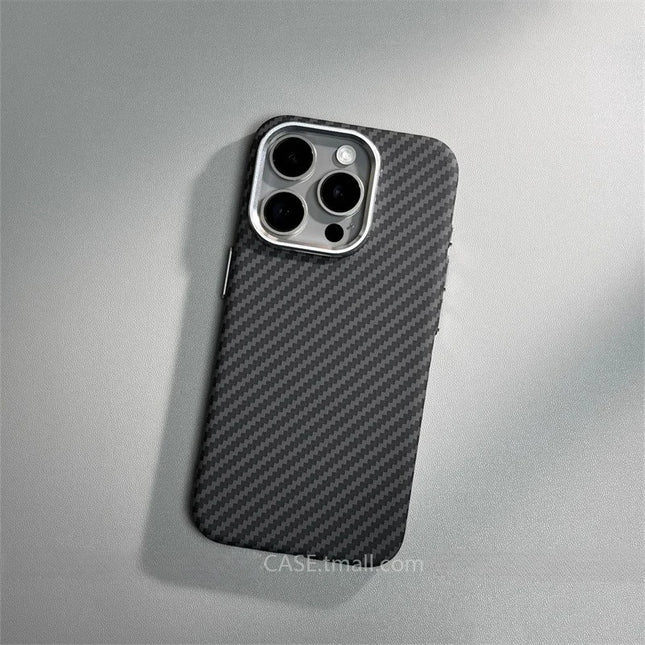 OKEYWOW iPhone 17/16/15 Pro Max Relief Carbon Fiber MagSafe case with metal lens protection and hard PC cover, black finish.
