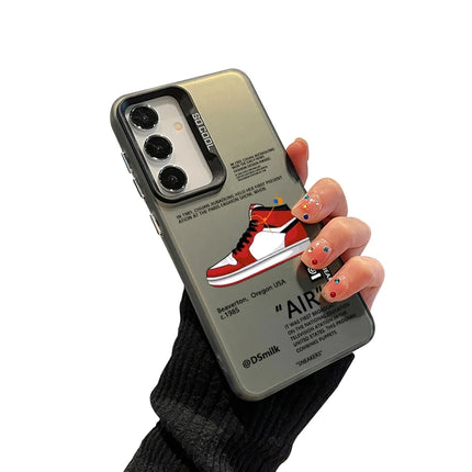 Samsung Galaxy sneaker-shaped case by OKEYWOW, shockproof laser PC TPU cover for S20 to S25 series smartphones.