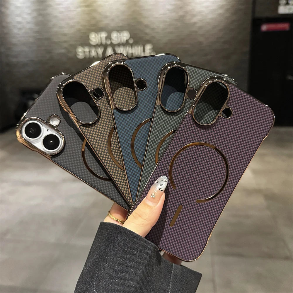 Luxury Kevlar Pattern For Magsafe Slim Frameless Phone Case For iPhone 16 17 Air 15 14 13 Pro Max Wireless Charging Plated Cover