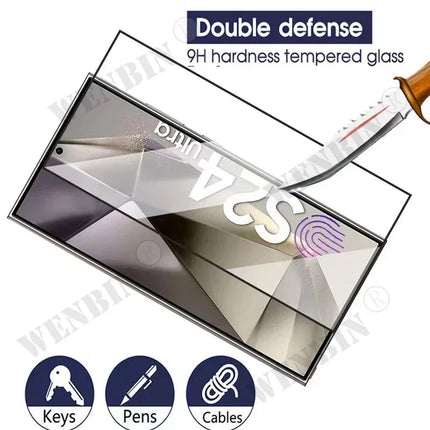 Samsung Galaxy S22 Ultra plus FE tempered glass screen protectors by OKEYWOW, showing clear, edge-to-edge protection for screens.