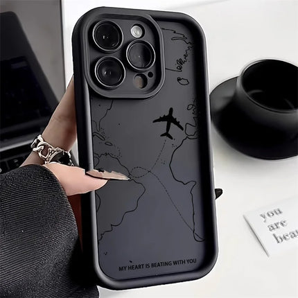 Silicone matte shockproof iPhone case with airplane route design for iPhone 12 to 16, by OKEYWOW, showing the front and back of the cover.