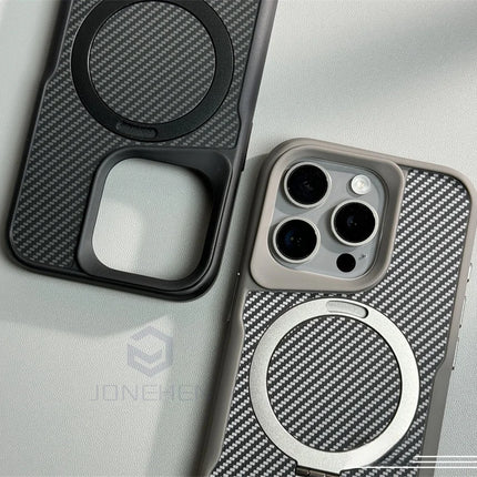 Soft Rubber MagSafe Case for iPhone 16/15/14/13/12 Pro Max Carbon Fiber Metal Bracket Cover