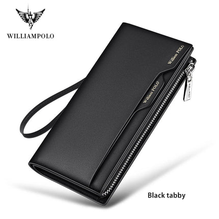 OKEYWOW WilliamPOLO men's genuine leather wallet with zipper, card holder, and phone pocket, stylish business purse.