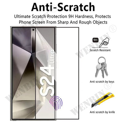 Samsung Galaxy S22 Ultra Plus FE tempered glass screen protector, three-pack by OKEYWOW, showing clear, durable screen protection.