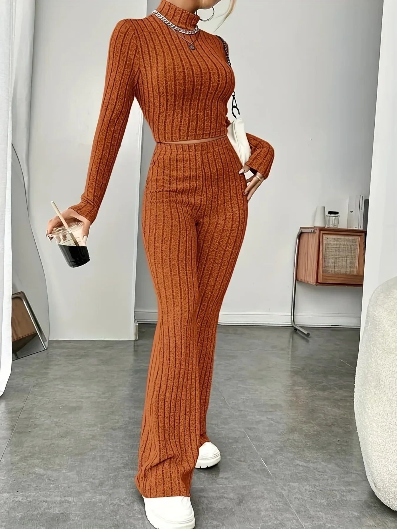 2024 Spring Knitted 2 Piece Sets Women Tracksuit Long Sleeve Vintage Sweater Crop Top Flare Pants Stretch Matching Suit Outfit