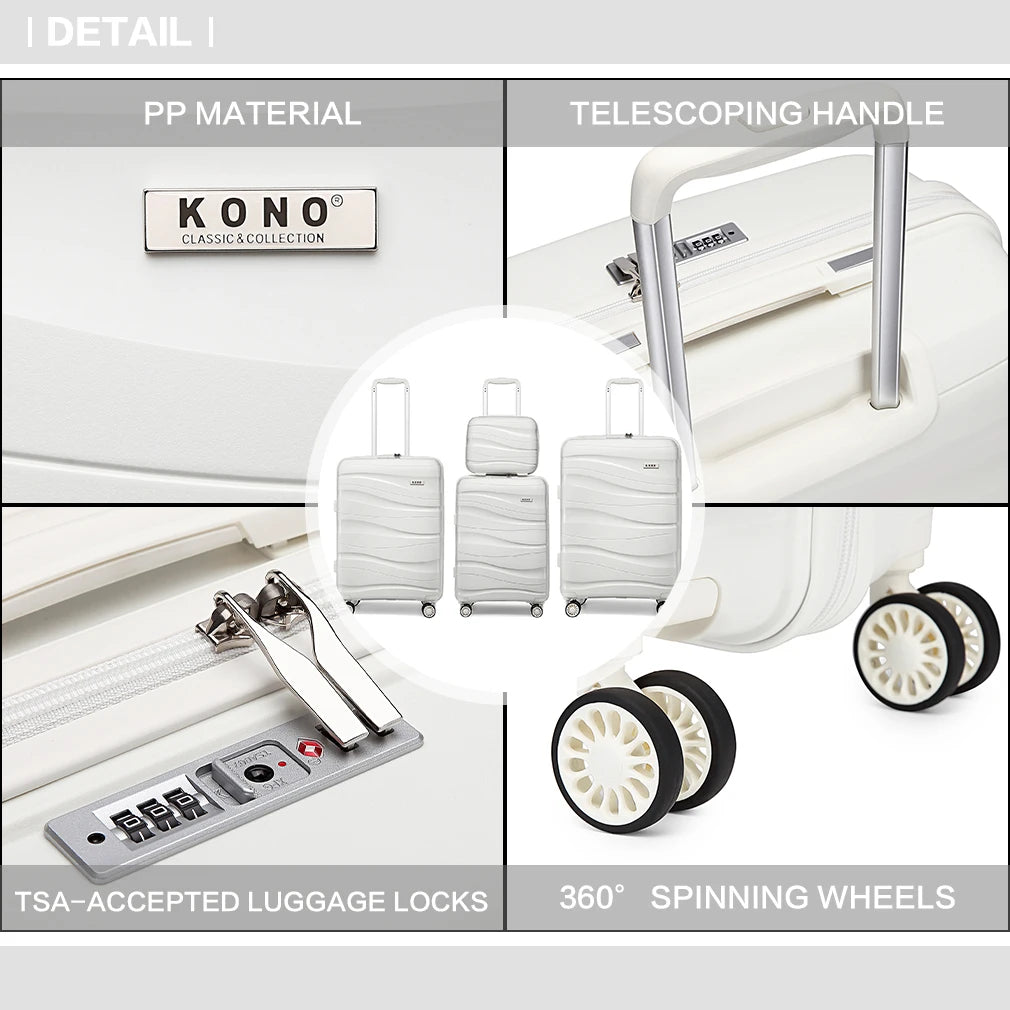 Kono Large Check in Luggage Lightweight Polypropylene Hard Shell Suitcase with TSA Lock Spinner Wheels