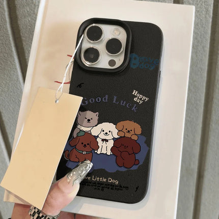 OKEYWOW iPhone cartoon dog soft leather shockproof case for iPhone 11 to 16 Pro Max, featuring a playful dog design.