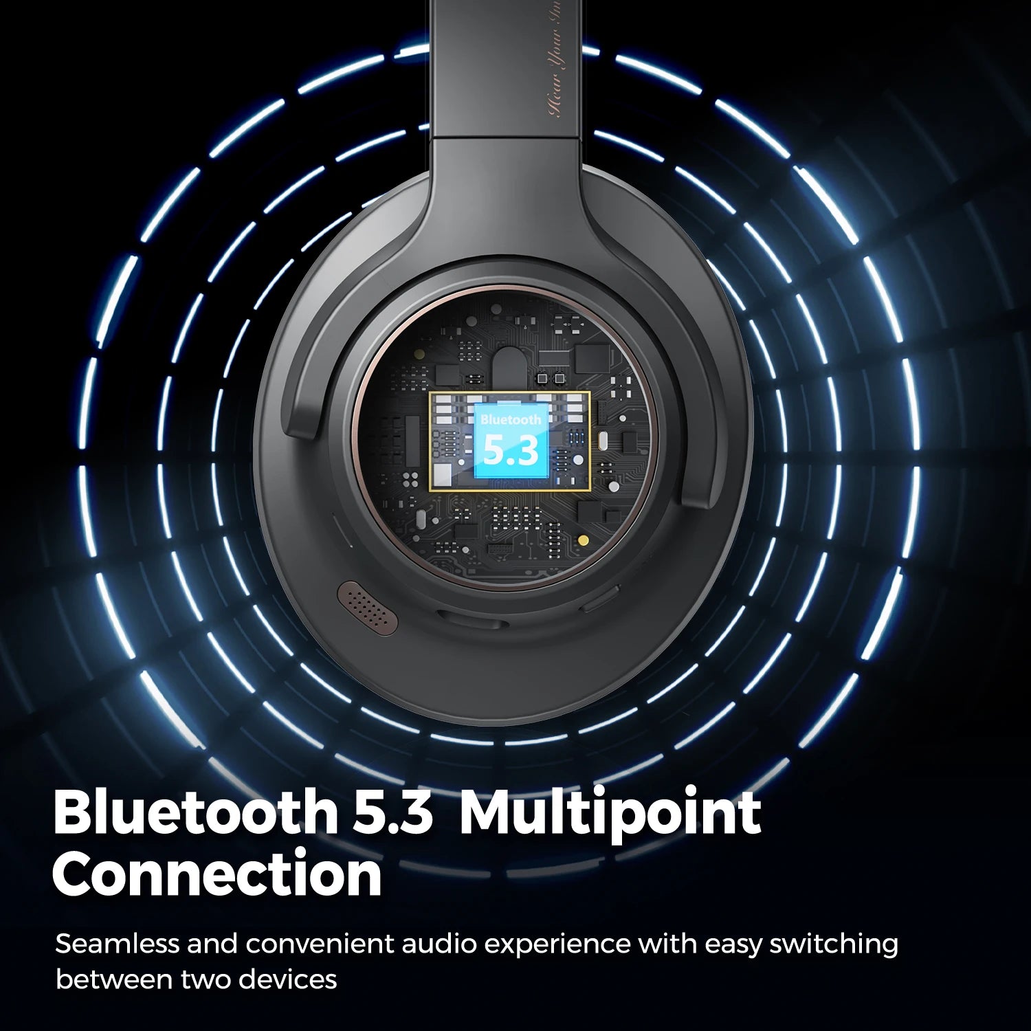 SoundPEATS Space Headphones: Bluetooth 5.3 Hybrid Active Noise Cancelling Wireless Headphones with 123H Playtime, Mic, and Multipoint Connection for versatile usage.