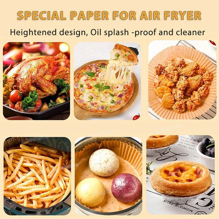 Set of non-stick round paper liners for air fryers, ideal for baking, by okeyWOW, showing 50 and 100-piece packs on a kitchen surface.