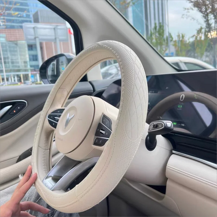 OKEYWOW Napa leather 15-inch perforated steering wheel cover with non-slip, breathable design for cars, 38cm diameter.