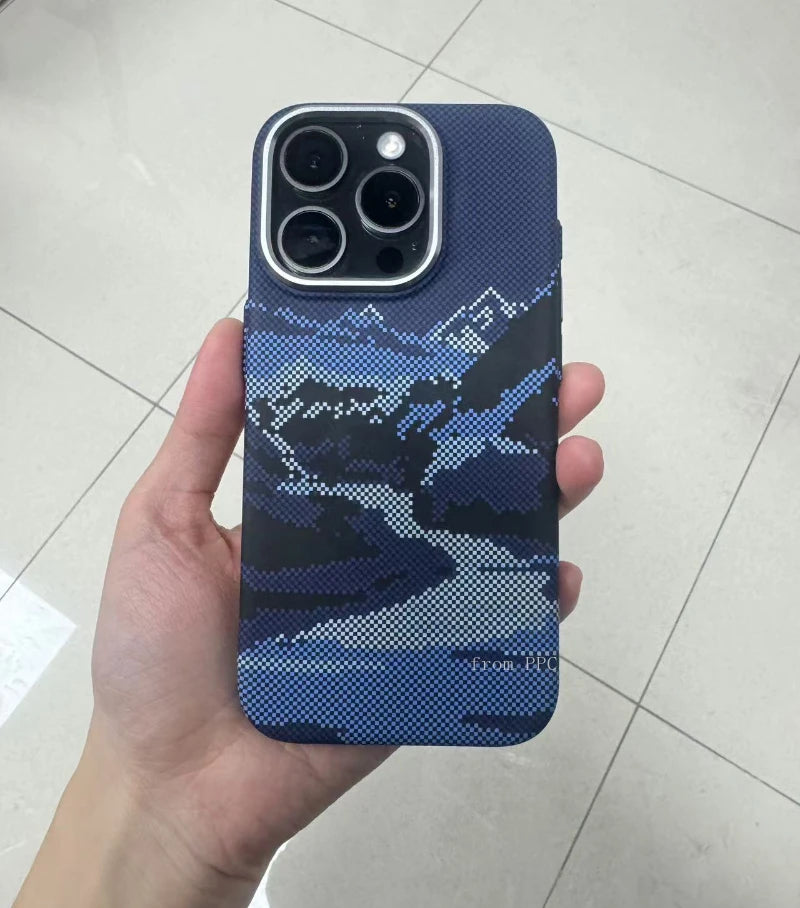 Abstract Landscape Relief MagSafe Phone Case for iPhone 16 15 14 Pro Max 16Pro Wireless Charging Alloy Lens Shield Hard PC Cover