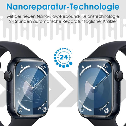 Apple Watch hydrogel screen protector 5-pack for Series 10-5 SE Ultra in 49mm to 38mm sizes, shown on smartwatch screen.