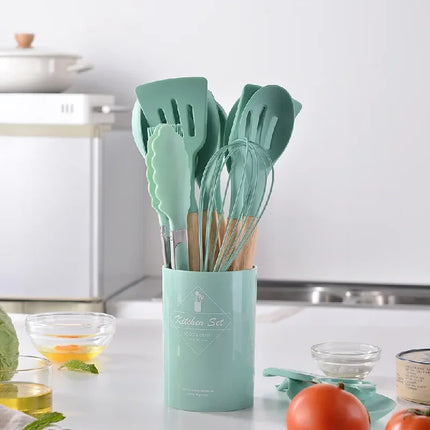 Set of 12 silicone kitchen utensils with non-stick spatulas and wooden handles from OKEYWOW for cooking and baking.