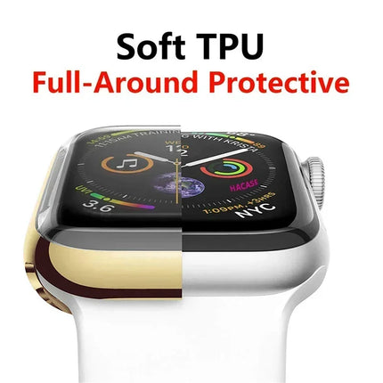 Silicone Apple Watch case and screen protector bumper for Series 9 to Series 3, 38mm to 46mm, by OKEYWOW, shown on watch.