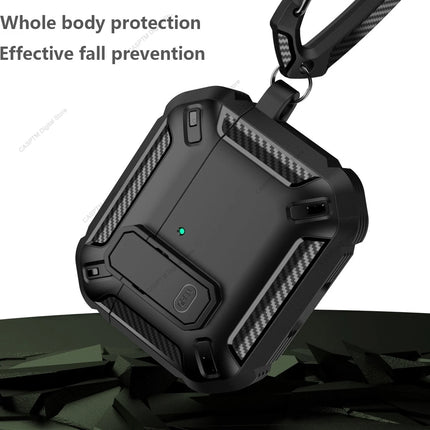 OKEYWOW AirPods 4 security lock case in TPU and PC with hook, protective cover for 4th generation AirPods, black color.