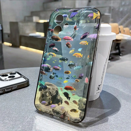 Clear silicone iPhone case with ocean animal design featuring sharks, dolphins, and fish for iPhone 11 to 14 Pro Max by OKEYWOW