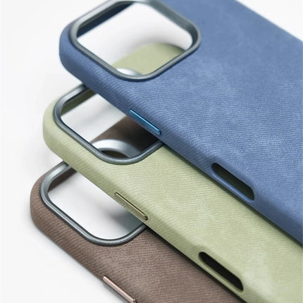 OKEYWOW iPhone Pro Max fiber leather MagSafe shockproof case with wireless charging compatibility on a black background.