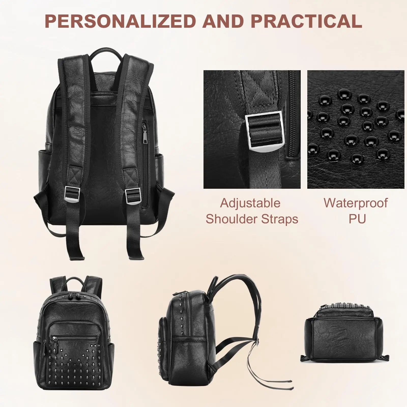 Miss Lulu Skull Rivet PU Leather Casual Daypack,Retro Punk Style Studded Backpack for Women