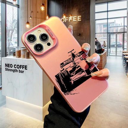 OKEYWOW iPhone Formula Car Case with laser-etched design, shockproof TPU and PC material for iPhone 11 to 17 Pro Max models.