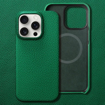 OkeyWOW iPhone 15 Pro Max luxury MagSafe case with cowhide lychee leather and magnetic protection, showcasing a sleek design.