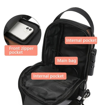 OKEYWOW men's sling bag with oxford fabric, motorcycle-style crossbody chest bag featuring zip closure and phone pocket for daily commute.
