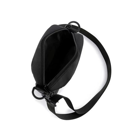 Men’s nylon shoulder bag by OKEYWOW with a single strap, ideal for daily use and school, shown in black with front zipper pocket.