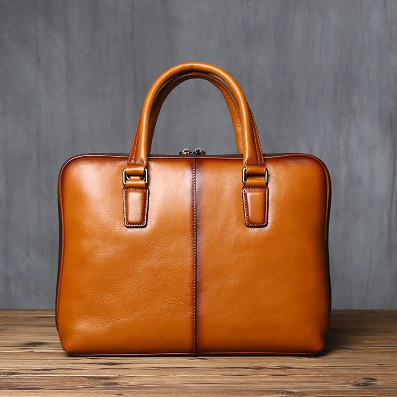 Vintage Men's Briefcase Top Layer Cowhide Casual Handbag Leather Business Shoulder Messenger Bag Brown 14 Inch Laptop Bag NZPJ