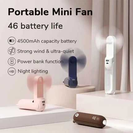 JISULIFE Portable Fan Mini Handheld Fan USB 4500mAh Recharge Hand Held Small Pocket Fan with Power Bank Flashlight Feature
