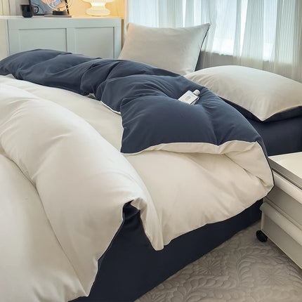 OKEYWOW solid color brushed fabric bedding set with duvet cover, pillowcases, and bed sheet in a cozy bedroom setting