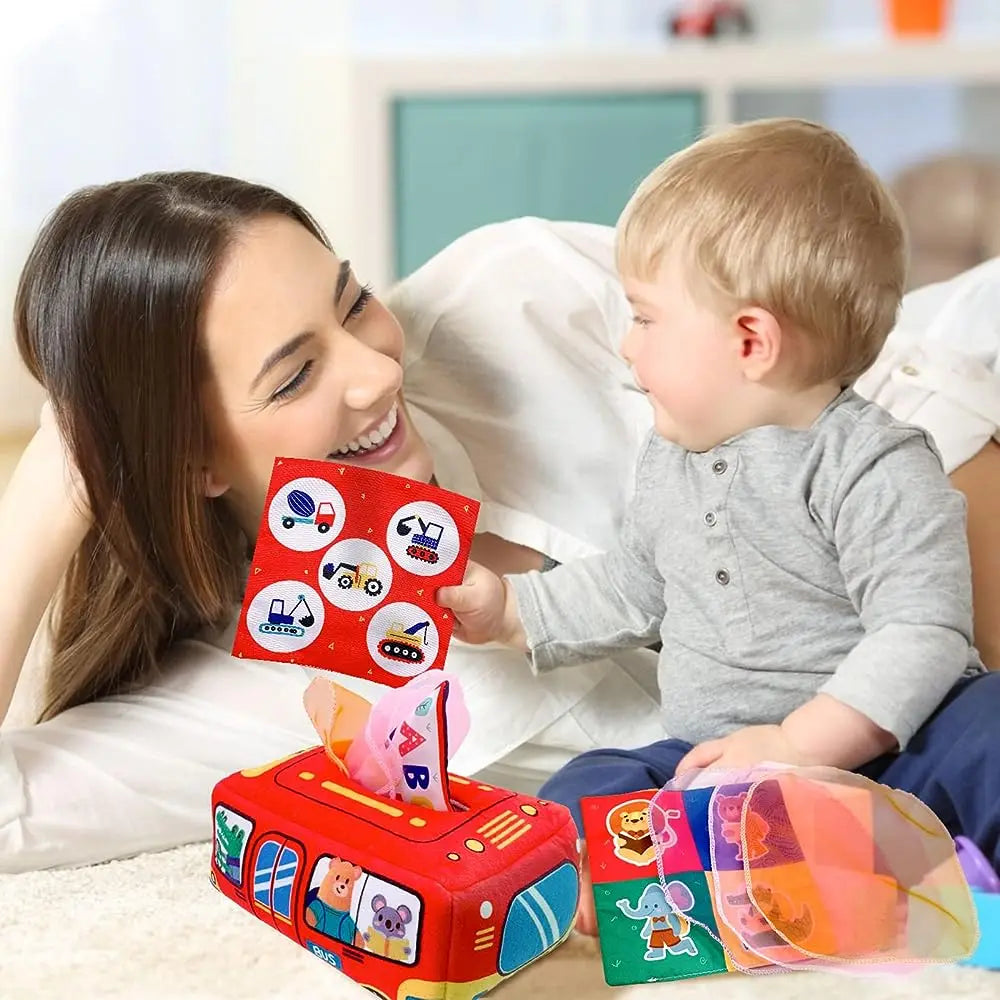 Montessori Educational Baby Tissue Box: Colorful Soft Sensory Toy for Toddler Finger Exercise, Includes Pumping Silk Scarf, Ideal Gift for Ages 0-18 Months