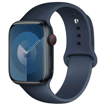 Apple Watch silicone sport band by OKEYWOW for Series 9, 8, 7, SE, Ultra, and 3, 2, 1 models in black with adjustable strap