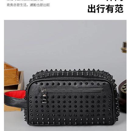 Men's PU leather rivet clutch bag with cyberpunk style, waist wallet and strap, featuring a sleek money bag design by OKEYWOW.
