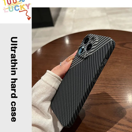 OKEYWOW iPhone carbon fiber case, ultra-thin hard back cover with camera protection for iPhone 11 to 17 Pro Max models