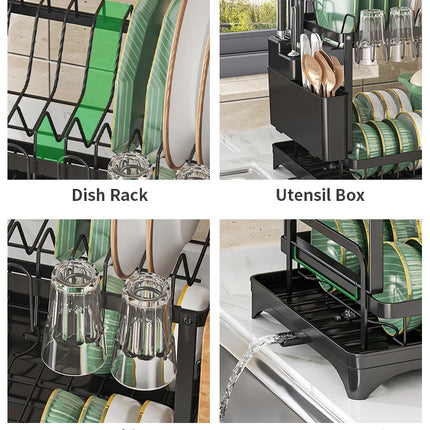 OKEWOW 2-tier dish drying rack with drain tray and cutlery holder, kitchen counter organizer for drying dishes and utensils.
