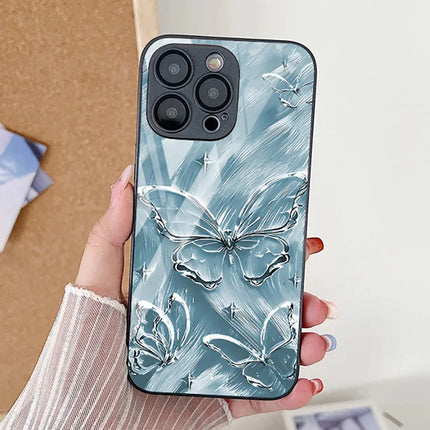 Okeywow iPhone Butterfly Silver case with tempered glass shockproof cover for iPhone 11 to 17/16/15/14/13/12/XS/SE, featuring butterfly design.