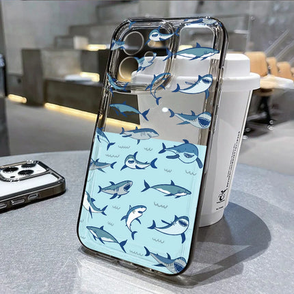 OKEYWOW iPhone clear silicone case with shark, dolphin, and fish designs, shockproof cover for iPhone 11, 12, 13, 14, 15, 16 Pro Max, XR, XS, SE
