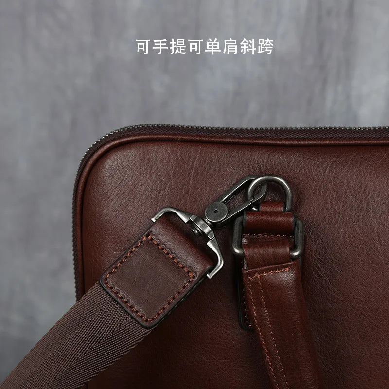 Vintage Men's Briefcase Top Layer Cowhide Casual Handbag Leather Business Shoulder Messenger Bag Brown 14 Inch Laptop Bag NZPJ