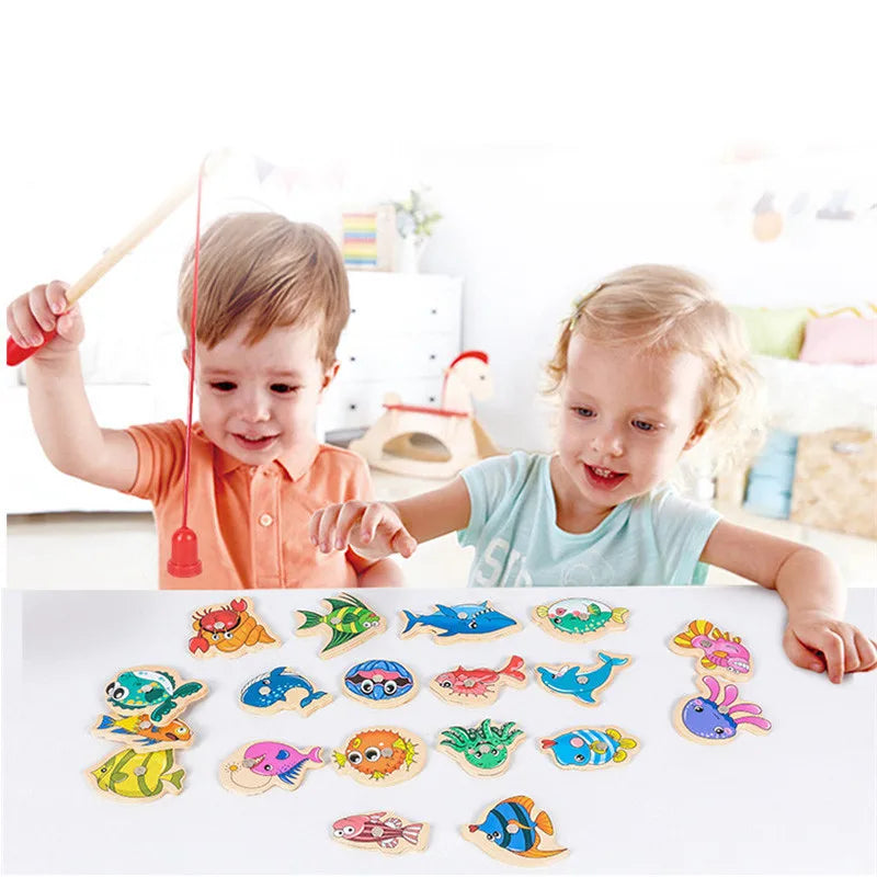 Montessori Wooden Fishing Toy: Magnetic Marine Life Cognition Game for Parent-Child Interactive Education