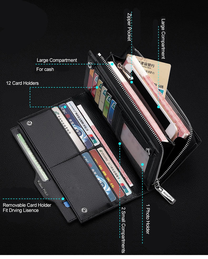 WilliamPOLO Male Genuine Leather Wallets Men Wallet Credit Business Card Holders Fashion Mobile Phone Bag Zipper Purse Handbag