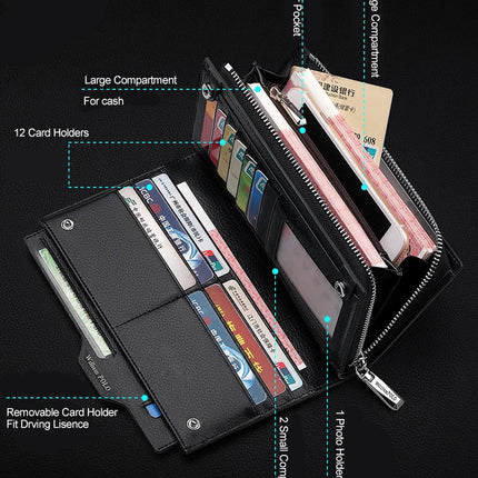 OKEYWOW WilliamPOLO men's genuine leather wallet with zipper, card holder, business phone bag, and purse in black leather.
