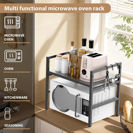 2-Tier Microwave Rack Expandable Kitchen Counter Organizer with Hooks Storage Shelf