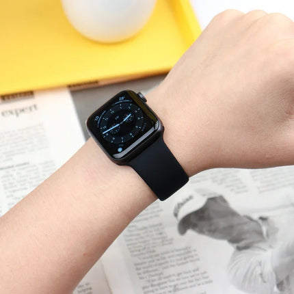 OKEYWOW Apple Watch silicone sport strap for Series 9, 3, SE, Ultra 2 in black, fitting 38mm to 49mm sizes, on a smartwatch.
