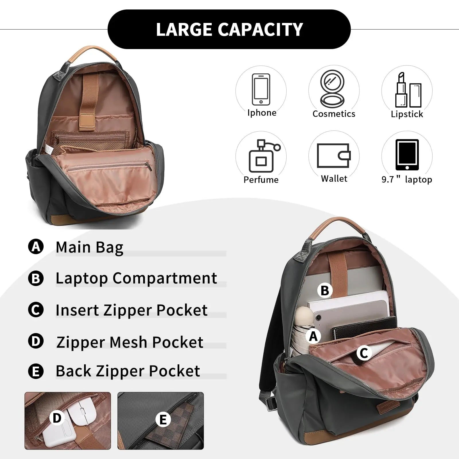 Miss Lulu Women's Anti-Theft Small Backpack - Lightweight Nylon Rucksack for Travel & Daily Use