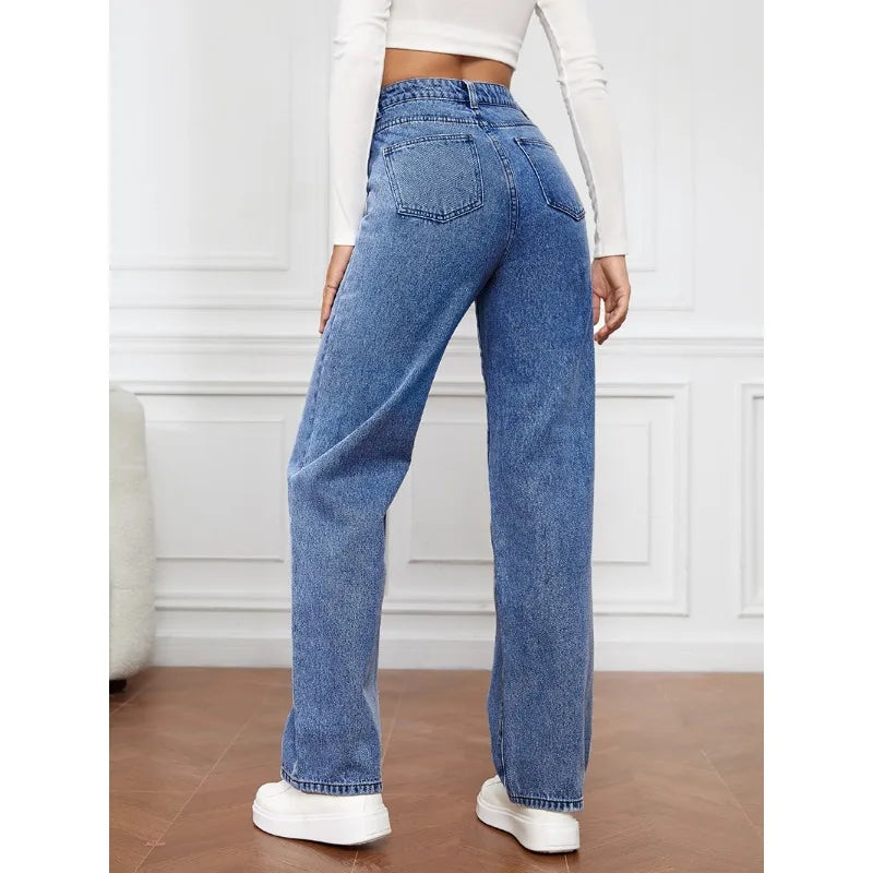 Wepbel Versatile Straight-Leg Denim Trousers Straight Jeans Jeans Stretch Washed Denim Pants Women Summer Fashion Chunky Pants