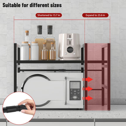 2-Tier Microwave Rack Expandable Kitchen Counter Organizer with Hooks Storage Shelf